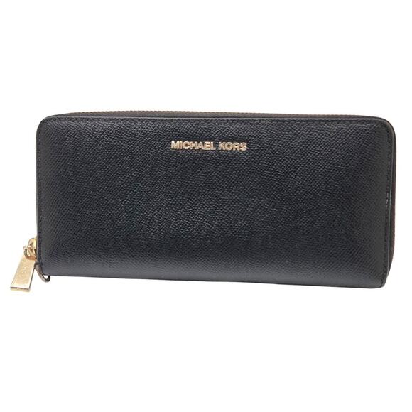 Michael Kors Jet Set Continental Zip Around Wallet Black Saffiano Leather Gold - Picture 1 of 8